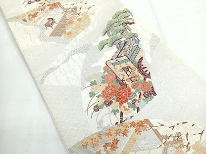 平和屋着物◎六通柄袋帯 流水地紙御所車文 銀糸 正絹 逸品 CABE5895nb
