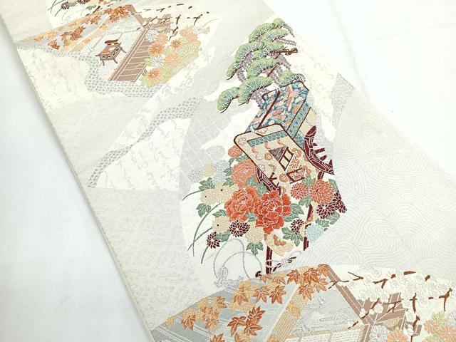 平和屋着物◎六通柄袋帯 流水地紙御所車文 銀糸 正絹 逸品 CABE5895nb