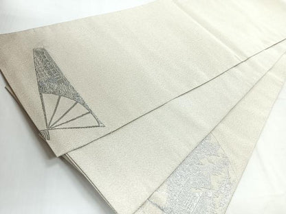 平和屋着物◎太鼓柄袋帯 綴れ 扇面風景文 プラチナ箔 正絹 逸品 CABE5901nb