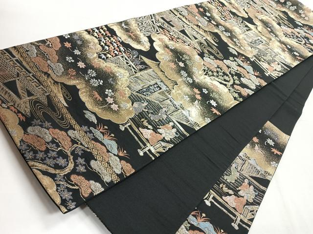 平和屋着物◎六通柄袋帯　人物風景文　黒地　金銀糸　正絹　逸品　CABE5902nb