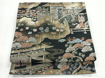 平和屋着物◎六通柄袋帯　人物風景文　黒地　金銀糸　正絹　逸品　CABE5902nb