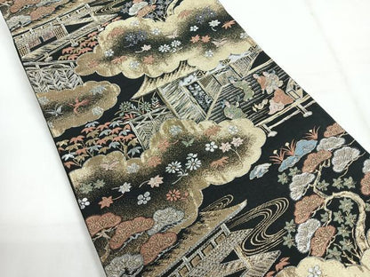 平和屋着物◎六通柄袋帯　人物風景文　黒地　金銀糸　正絹　逸品　CABE5902nb