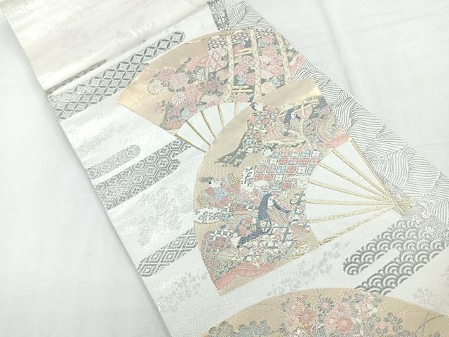 平和屋着物◎六通柄袋帯　扇面取り三十六歌仙図　プラチナ箔　正絹　逸品　CABE5913nb