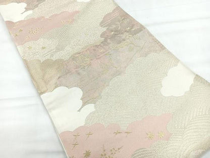 平和屋着物◎六通柄袋帯　雲取り花鳥文　金糸　正絹　逸品　CABE5933nb