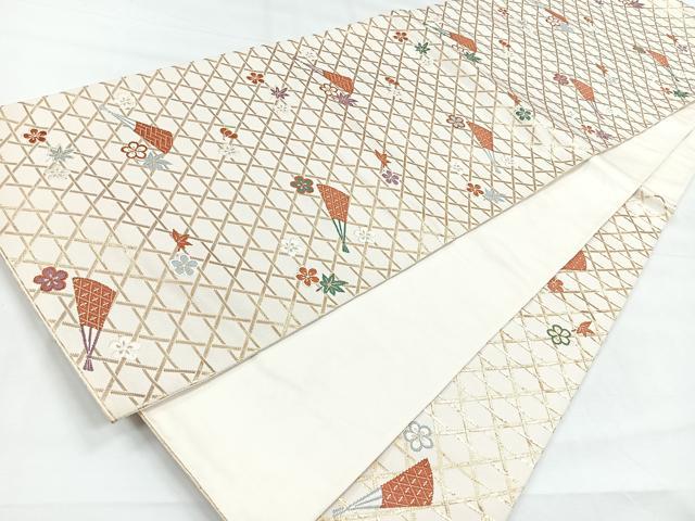 平和屋着物◎六通柄袋帯　刺繍　扇面鼓文　金銀糸　正絹　逸品　CABE5935nb