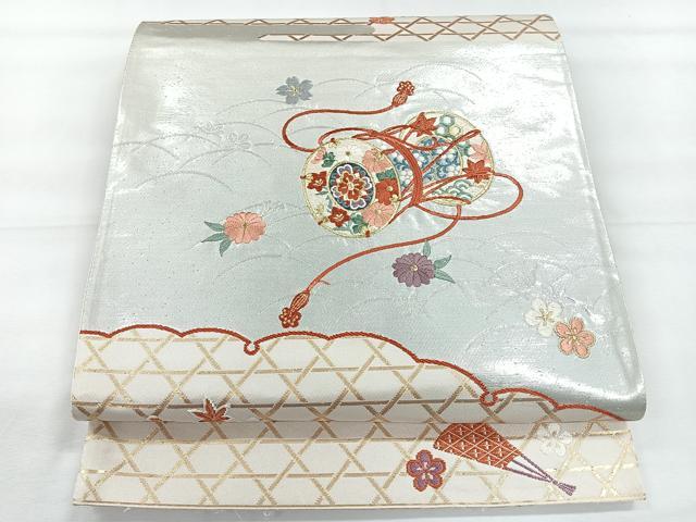 平和屋着物◎六通柄袋帯　刺繍　扇面鼓文　金銀糸　正絹　逸品　CABE5935nb