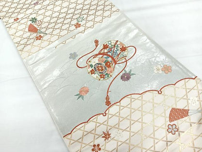 平和屋着物◎六通柄袋帯　刺繍　扇面鼓文　金銀糸　正絹　逸品　CABE5935nb