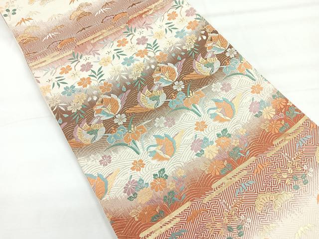 平和屋着物◎六通柄袋帯　鴛鴦花文　金糸　正絹　逸品　CABE5948nb