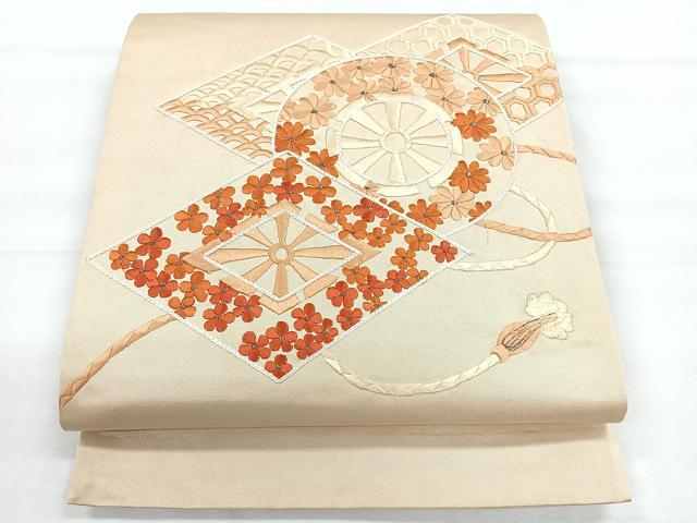 平和屋着物◎太鼓柄袋帯　総刺繍　源氏車吉祥文　正絹　逸品　CABE5950nb