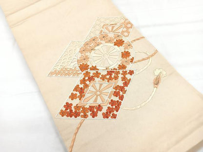 平和屋着物◎太鼓柄袋帯　総刺繍　源氏車吉祥文　正絹　逸品　CABE5950nb