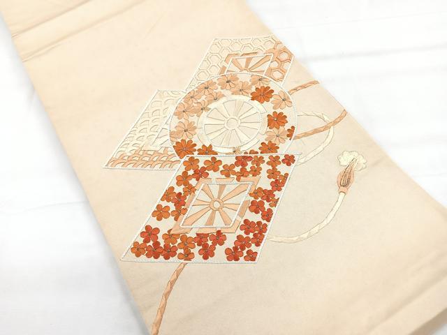 平和屋着物◎太鼓柄袋帯　総刺繍　源氏車吉祥文　正絹　逸品　CABE5950nb