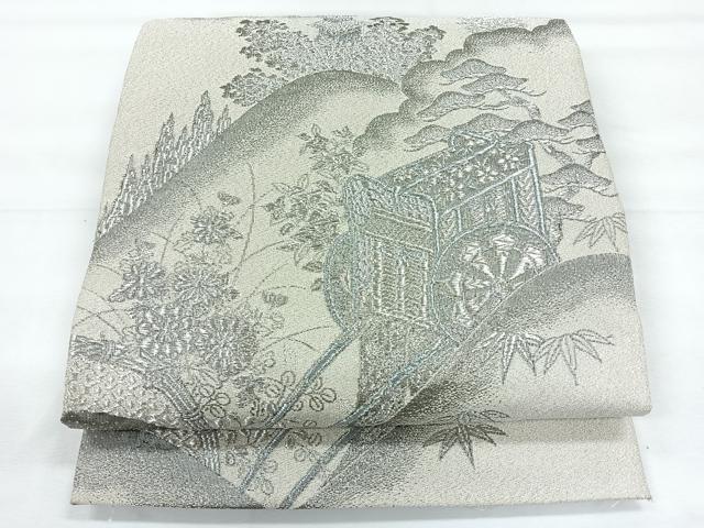 平和屋着物◎太鼓柄袋帯　綴れ　風景御所車文　プラチナ箔　正絹　逸品　CABE5953nb