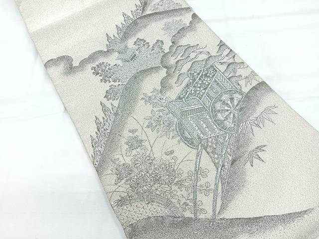 平和屋着物◎太鼓柄袋帯　綴れ　風景御所車文　プラチナ箔　正絹　逸品　CABE5953nb