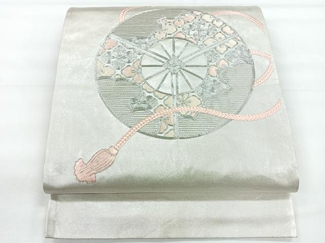 平和屋着物◎太鼓柄袋帯　総刺繍　駒刺繍　扇面花文　銀糸　正絹　逸品　CABE5955nb