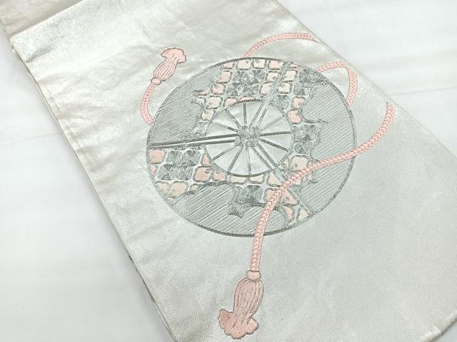 平和屋着物◎太鼓柄袋帯　総刺繍　駒刺繍　扇面花文　銀糸　正絹　逸品　CABE5955nb