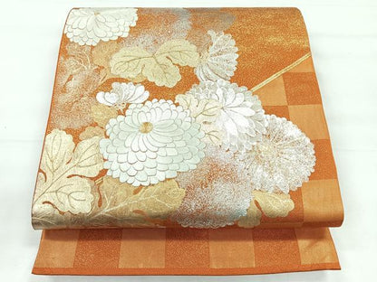 平和屋着物◎六通柄袋帯 駒刺繍 草花文 金彩 正絹 逸品 CABE5957nb