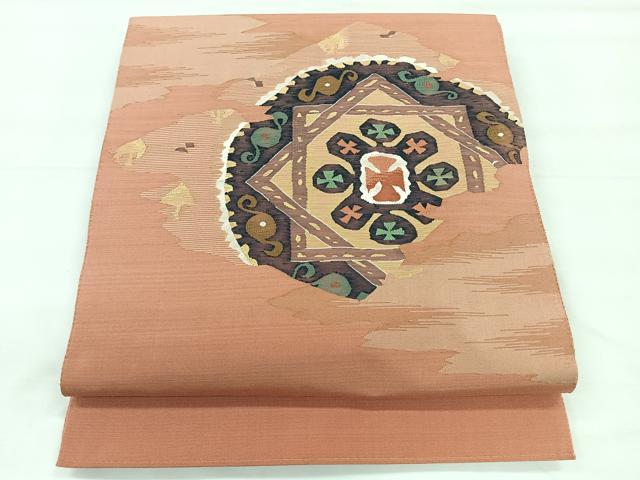 平和屋着物◎太鼓柄袋帯 すくい織 絵皿花文 正絹 逸品 CABE5959nb