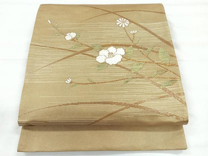 平和屋着物◎太鼓柄袋帯 刺繍 枝椿 金糸 正絹 逸品 CABE5964nb
