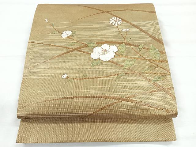 平和屋着物◎太鼓柄袋帯 刺繍 枝椿 金糸 正絹 逸品 CABE5964nb