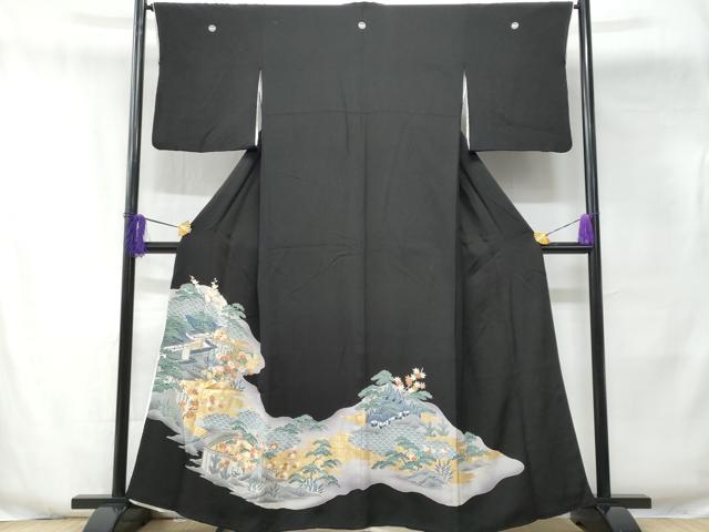 平和屋着物■豪華黒留袖 駒刺繍 風景花文 金彩 正絹 逸品 CABE6061fb