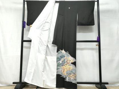 平和屋着物■豪華黒留袖 駒刺繍 風景花文 金彩 正絹 逸品 CABE6061fb