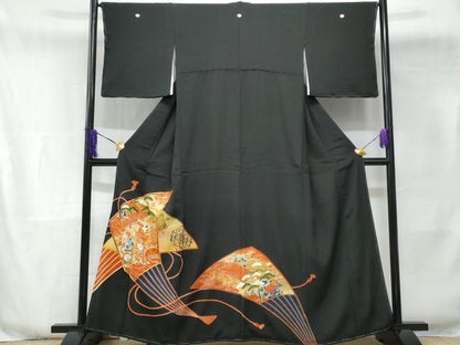 平和屋着物■豪華黒留袖 駒刺繍 扇面御所車人物文 金彩 正絹 逸品 CABE6066fb