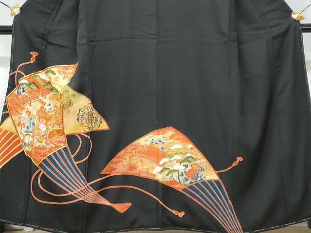 平和屋着物■豪華黒留袖 駒刺繍 扇面御所車人物文 金彩 正絹 逸品 CABE6066fb