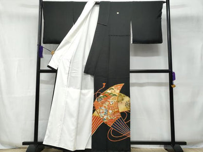 平和屋着物■豪華黒留袖 駒刺繍 扇面御所車人物文 金彩 正絹 逸品 CABE6066fb