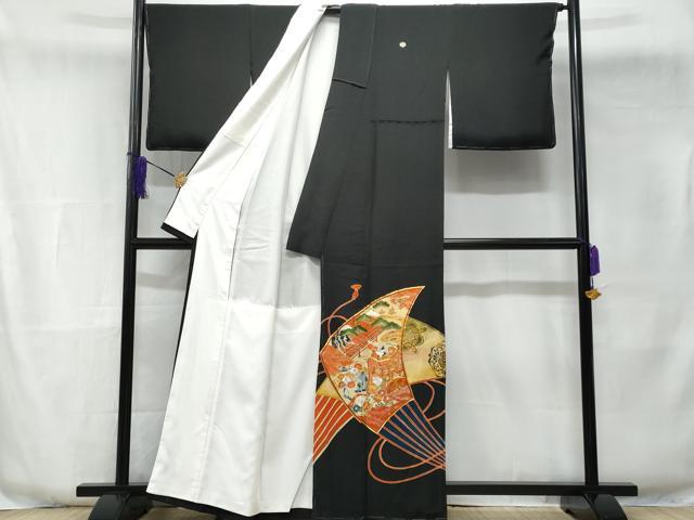 平和屋着物■豪華黒留袖 駒刺繍 扇面御所車人物文 金彩 正絹 逸品 CABE6066fb