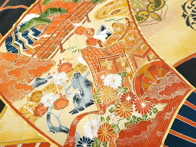 平和屋着物■豪華黒留袖 駒刺繍 扇面御所車人物文 金彩 正絹 逸品 CABE6066fb