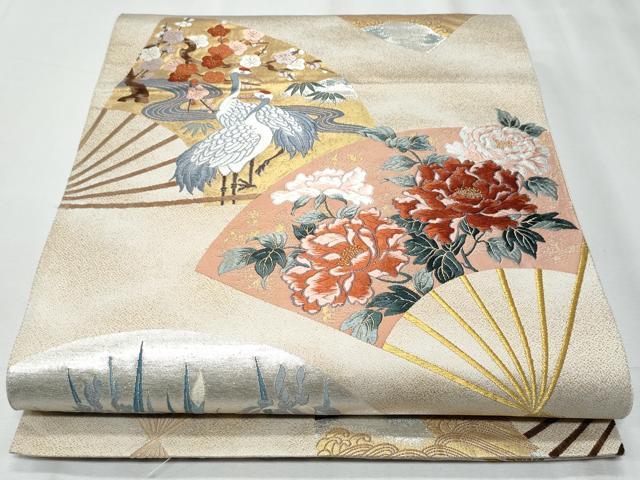 平和屋着物◎六通柄袋帯　唐織　扇面群鶴花文　金銀糸　正絹　逸品　CABE6096fb