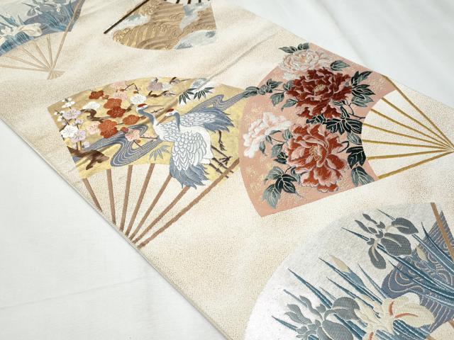 平和屋着物◎六通柄袋帯　唐織　扇面群鶴花文　金銀糸　正絹　逸品　CABE6096fb