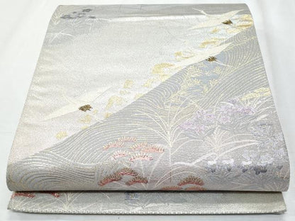 平和屋着物◎六通柄袋帯 立波飛鶴草花文 金銀糸 正絹 逸品 CABE6129fb