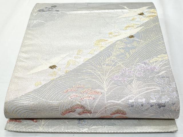 平和屋着物◎六通柄袋帯 立波飛鶴草花文 金銀糸 正絹 逸品 CABE6129fb