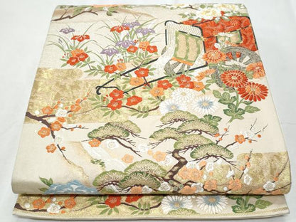 平和屋着物◎六通柄袋帯 御所車草花文 金銀糸 正絹 逸品 CABE6148fb