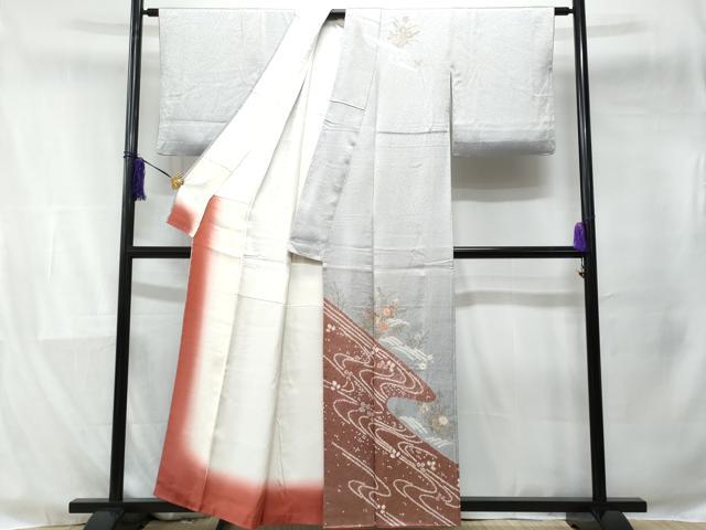 平和屋着物■訪問着 駒刺繍 絞り 流水草花文 金彩 正絹 逸品 CABE6164fb