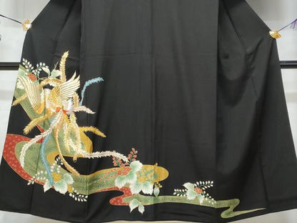 平和屋着物■豪華黒留袖　刺繍　流水鳳凰文　金彩　正絹　逸品　CABE6332fb