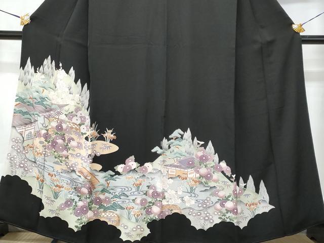 平和屋着物■豪華黒留袖　水辺風景文　銀彩　正絹　逸品　CABE6335fb