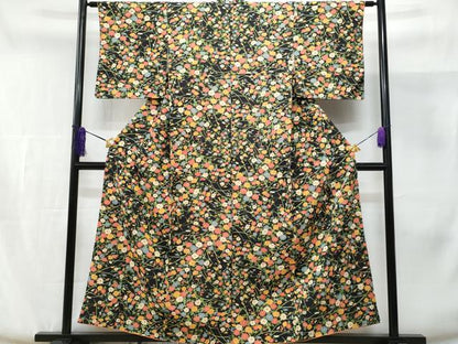 平和屋着物■上質な小紋　草花文　黒地　金彩　正絹　逸品　未使用　CABE6357fb
