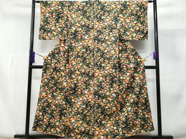 平和屋着物■上質な小紋　草花文　黒地　金彩　正絹　逸品　未使用　CABE6357fb