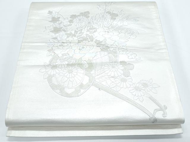 平和屋着物◎太鼓柄袋帯　花車文　銀彩　正絹　逸品　CABE6403th