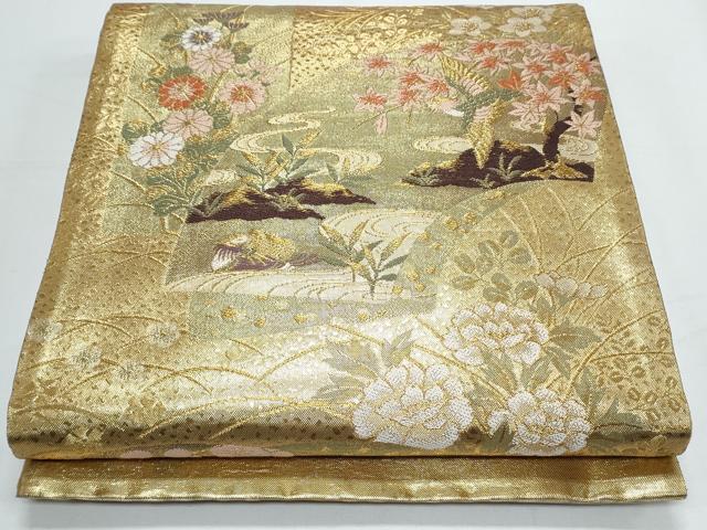 平和屋着物◎六通柄袋帯　地紙花鳥文　金糸　正絹　逸品　CABE6438th