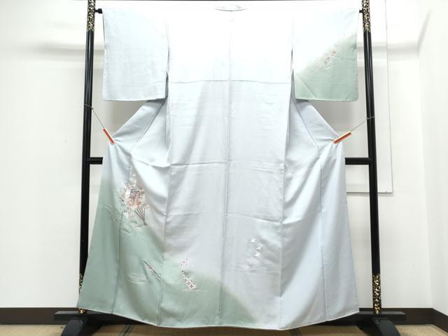 平和屋着物▼訪問着 総刺繍 扇面御所車飛鳥花文 暈し染め 正絹 逸品 CABE6619th