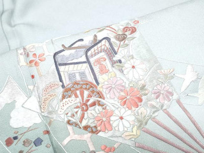 平和屋着物▼訪問着 総刺繍 扇面御所車飛鳥花文 暈し染め 正絹 逸品 CABE6619th