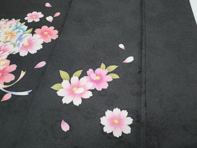 平和屋着物●豪華振袖　駒刺繍　花束文　黒地　銀通し地　正絹　逸品　CABE6621th