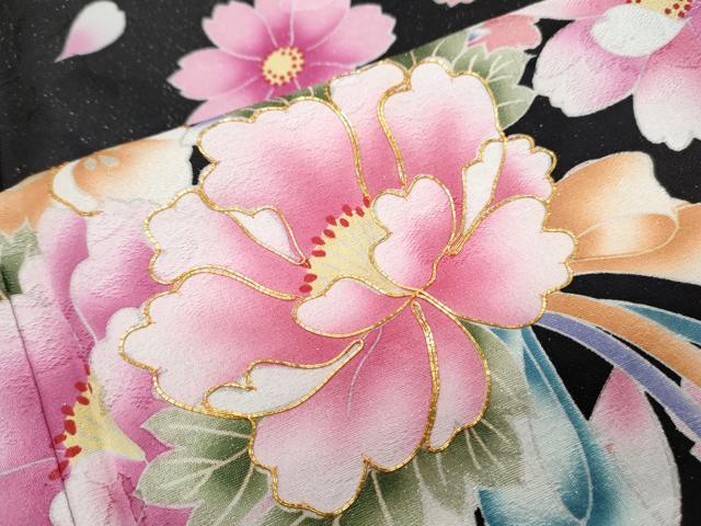 平和屋着物●豪華振袖　駒刺繍　花束文　黒地　銀通し地　正絹　逸品　CABE6621th