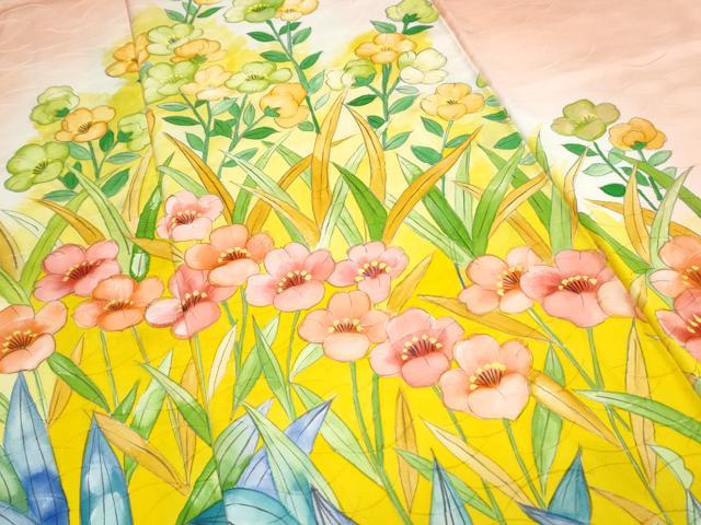 平和屋着物■訪問着　手描き　草花文　暈し染め　正絹　逸品　CABE6641th