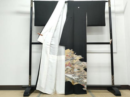 平和屋着物■豪華黒留袖 駒刺繍 孔雀風景文 金彩 正絹 逸品 CABE6705th