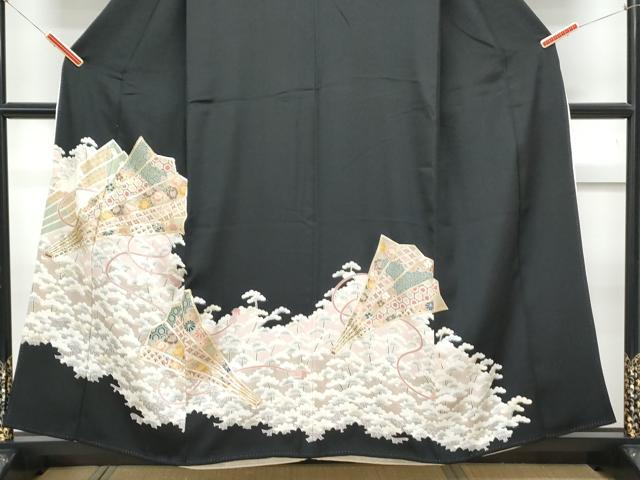 平和屋着物■豪華黒留袖 駒刺繍 桧扇花文 金彩 正絹 逸品 CABE6707th