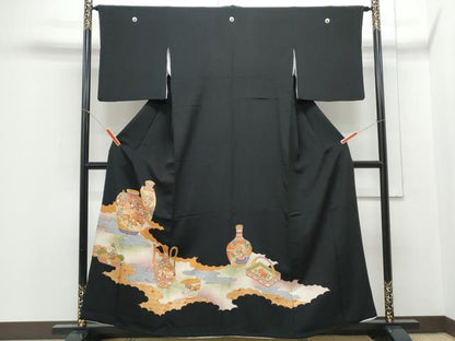 平和屋着物■豪華黒留袖 駒刺繍 陶器花文 金彩 正絹 逸品 CABE6708th